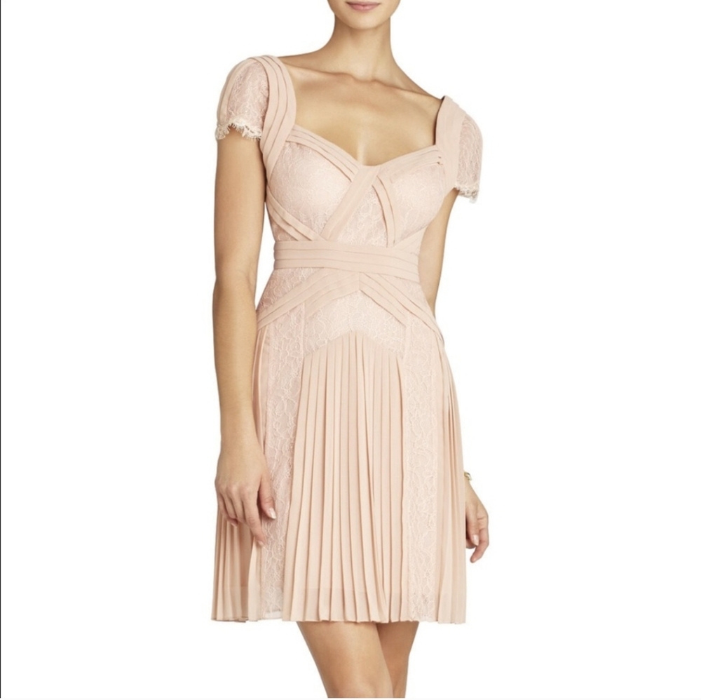 BCBG MAXAZRIA Elegant Lace Pleated Dress